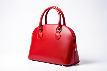 Women leather red handbag on white background.