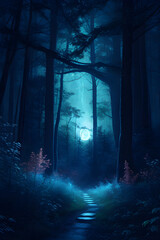 Enchanting forest illuminated by a full moon 
