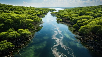 Naklejka na ściany i meble mangrove forest, aerial view photography, top view photography, Generative AI