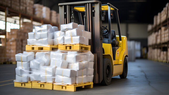 Forklift handling sugar bag for stuffing into container for export. Distribution, Logistics Import Export, Warehouse operation, Trading, Shipment, Delivery concept.