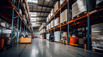 Warehouse with racks and shelves, filled with wooden boxes on pallets, Distribution products, Warehouse industrial and logistics companies, Commercial warehouse
