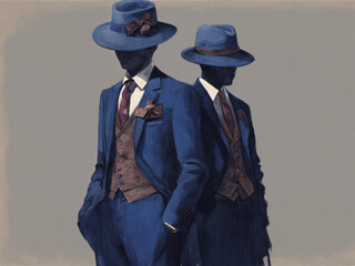 Two men wearing blue suits and fedora hats looked mysterious - obrazy, fototapety, plakaty