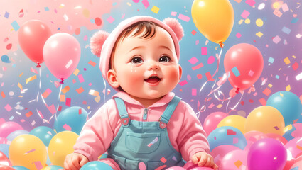 Fototapeta na wymiar Baby in Pink Overalls with Colorful Balloons and Confetti on a Cheerful Pastel Background. Ai generated.