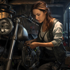 Obraz na płótnie Canvas a woman is repairing her bike . Generative AI