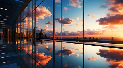Reflective skyscrapers, business office buildings. low angle view of skyscrapers in city, sunset. Business wallpaper with modern high-rises with mirrored windows. - obrazy, fototapety, plakaty
