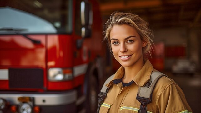 Ortrait Of A Confident And Smiling Female Firefighter With A Fire Engine In The Background.