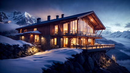 Fototapeta na wymiar Picturesque Mountain Hut with Panoramic Windows on the Mountainside. Ai generated.
