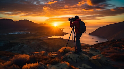 Silhouette of a photography tripod camera who shooting a sunset on the rock, Silhouette photography sunshine