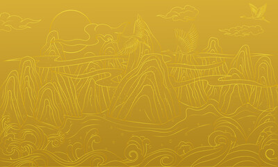 Chinese style landscape vector illustration with golden lines