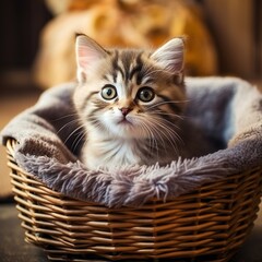 Fototapeta na wymiar Cute kitten sitting in a wicker basket.