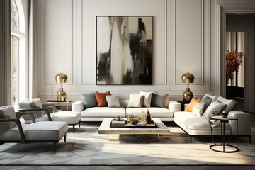 Elegant living room with stylish furniture, cozy pillows, and a plush rug. Modern aesthetic. Generative AI