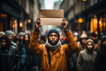 Man standing with demonstration poster in front of the people crowd. Black lives matters (BLM), human right, refugees concept. Blank brown cardboard poster with copy space. Generative AI - obrazy, fototapety, plakaty