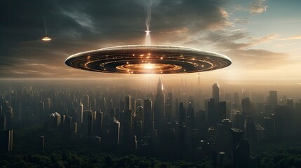 ufo flying close up, copy space, city background in morning day time, Generative AI
