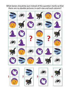 Halloween picture domino sudoku logic puzzle 2 (second) with bats, spider, witch hat, black cat, pumpkin, ghost
