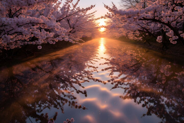 nature Cherry blossom lined of river.