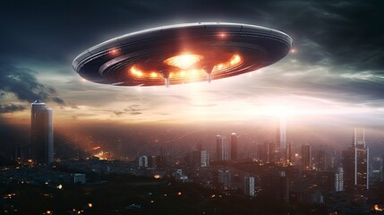ufo flying close up, copy space, city background in morning day time, Generative AI
