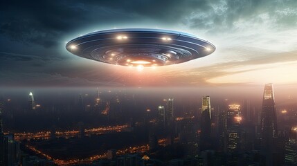 ufo flying close up, copy space, city background in morning day time, Generative AI