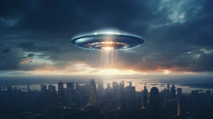  ufo flying close up, copy space, city background in morning day time, Generative AI © kanesuan