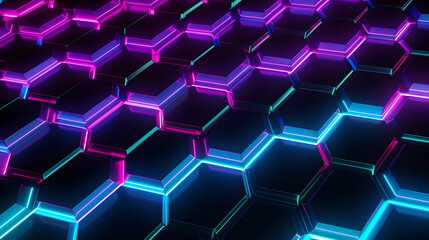 Regular purple, blue neon hexagon neon background, 3d pattern, Generative AI