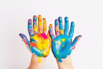 Little girl and boy, child hands painted in colorful paints, education concept with copy space, close up on white background