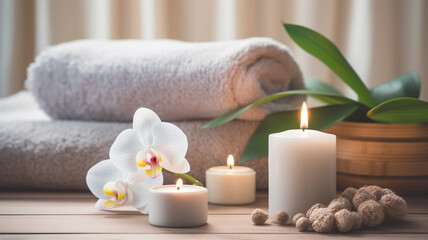 Fototapeta na wymiar Beautiful spa treatment composition such as Towels, candles, essential oils