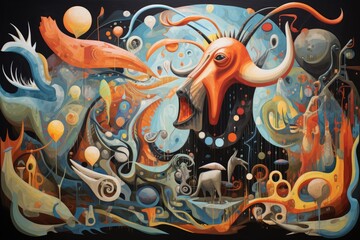 Mythical animals and creatures in an abstract composition
