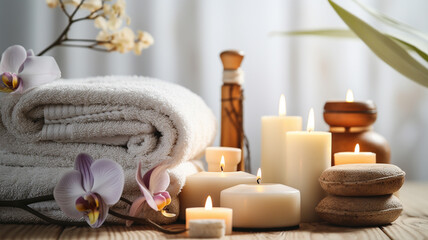 Fototapeta na wymiar Beautiful spa treatment composition such as Towels, candles, essential oils