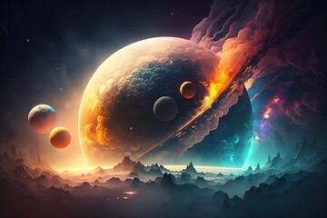 an amazing view of space full of planets and stellar bodies, generative AI - obrazy, fototapety, plakaty