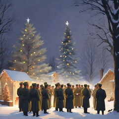 peaceful Christmas scene in the midst of war, where soldiers on both sides take a moment to celebrate together - obrazy, fototapety, plakaty