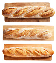 Three baguettes on cutting boards isolated on transparent background, top view - obrazy, fototapety, plakaty