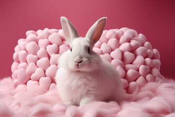 A rabbit is embracing a heart-shaped pillow surrounded by hearts on a pink backdrop. Generative AI