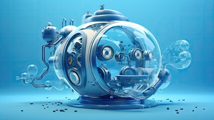 Robot submarine diving into underwater background.