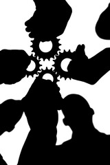 Digital png silhouette of hands with gears on transparent background