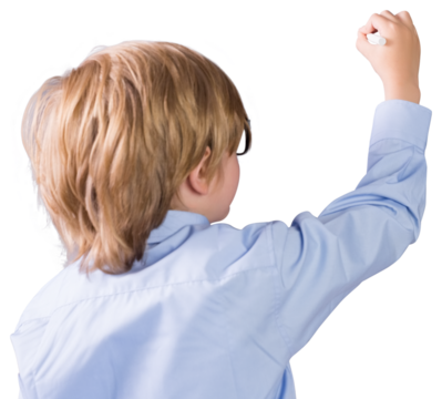 Digital png photo of back view of caucasian boy with glasses writing on transparent background