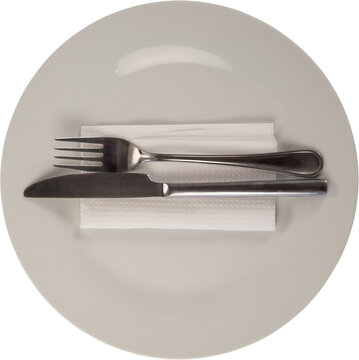 Digital png illustration of white plate with fork and knife on transparent background
