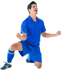Digital png photo of happy biracial sportsman kneeling and screaming on transparent background