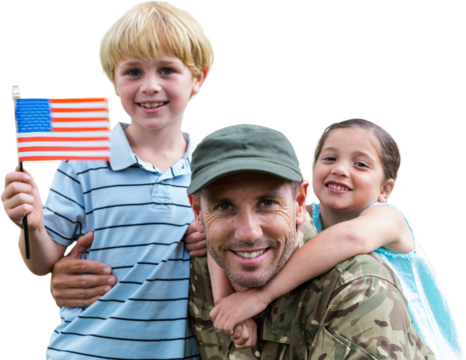Digital png photo of happy caucasian soldier with kids and usa flag on transparent background