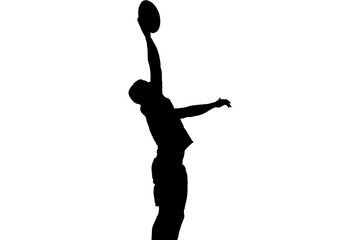 Digital png illustration of silhouette of male rugby player with ball on transparent background