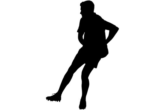 Digital png illustration of silhouette of male footballer kicking on transparent background © vectorfusionart