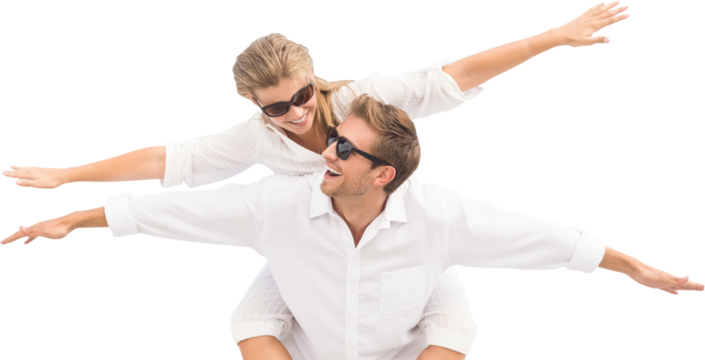 Digital png photo of happy caucasian couple with outstretched arms on transparent background - Powered by Adobe