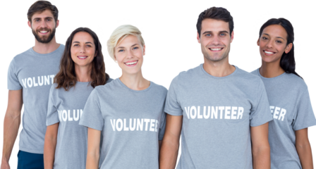 Digital png photo of happy diverse male and female volunteers on transparent background