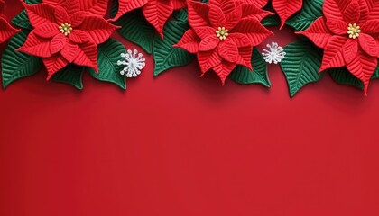 top view knitted christmas poinsettia leaves frame background - obrazy, fototapety, plakaty