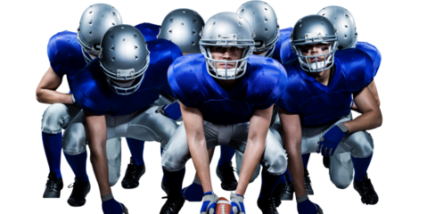 Digital png photo of caucasian rugby players with ball on transparent background