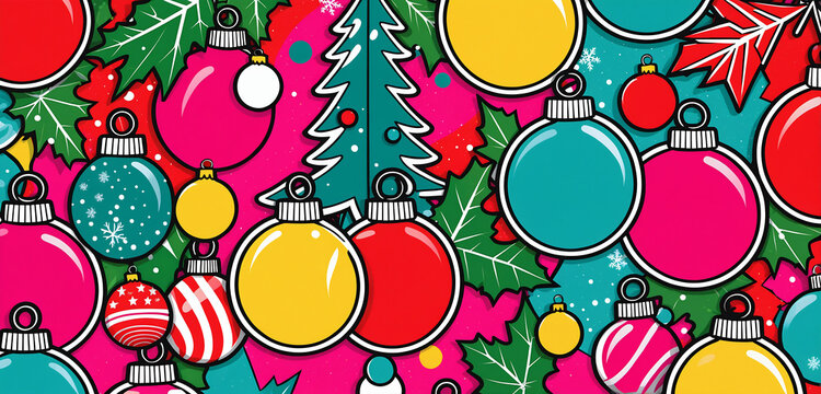 Colorful christmas comic style illustration with christmas balls. Vibrant colors. Bold outlines