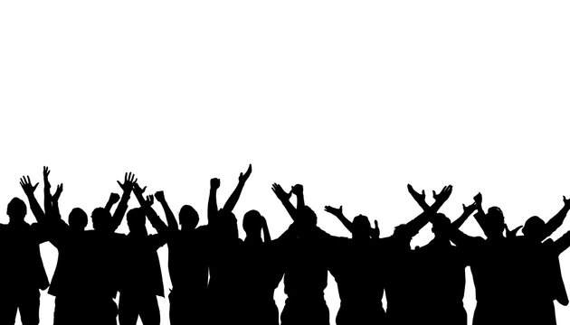 Digital png silhouette image of people raising hands on transparent background