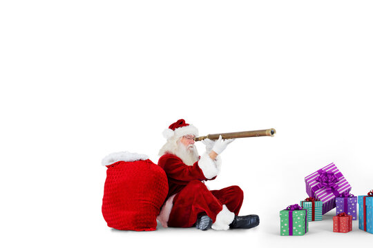 Digital png photo of santa claus with telescope on transparent background - Powered by Adobe