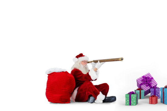 Digital png photo of santa claus with telescope on transparent background - Powered by Adobe