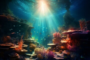 Naklejka na ściany i meble Mesmerizing underwater scenery with glowing light rays filtering through coral reef. Generative AI