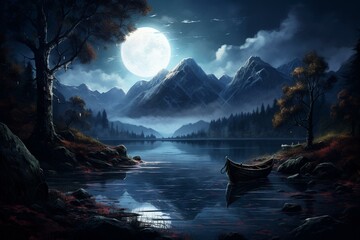 a night time scene with a boat on the water, full moon, distant mountains, lake, trees, and rocks in the foreground. Generative AI