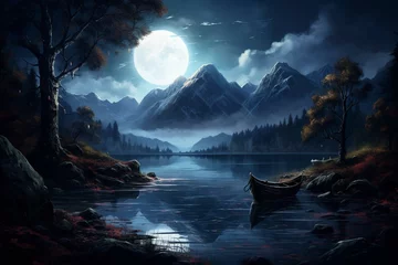 Foto op Canvas a night time scene with a boat on the water, full moon, distant mountains, lake, trees, and rocks in the foreground. Generative AI © Chloe